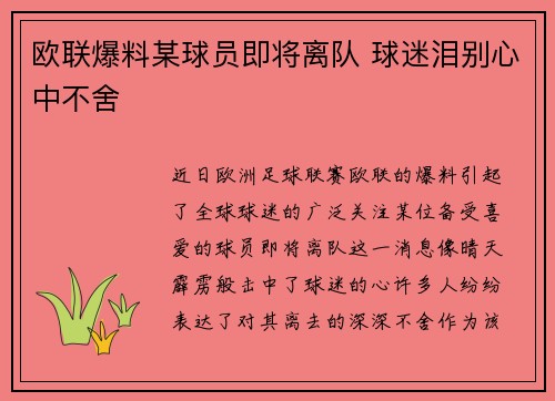欧联爆料某球员即将离队 球迷泪别心中不舍 欧联爆料某球员即将离队 球迷泪别心中不舍