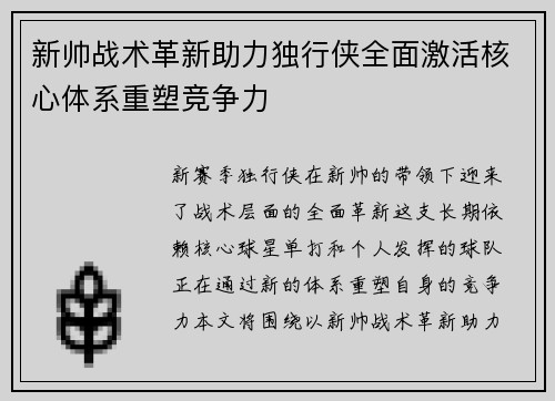 新帅战术革新助力独行侠全面激活核心体系重塑竞争力 新帅战术革新助力独行侠全面激活核心体系重塑竞争力